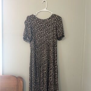 aerie Black Floral Midi Dress with Puff Sleeves